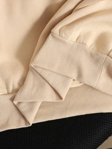 SHEIN 青少年女孩抓絨內裡米色拼接連帽長袖衛衣，羊羔絨秋季上衣，連帽衫，返校季，秋季穿搭，舒適，運動風 - 卡其色 - 查看 5