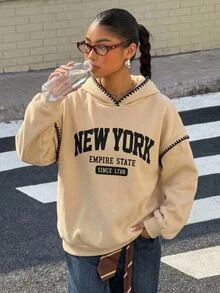 SHEIN 青少年女孩抓絨內裡米色拼接連帽長袖衛衣，羊羔絨秋季上衣，連帽衫，返校季，秋季穿搭，舒適，運動風 - 卡其色 - 查看 4