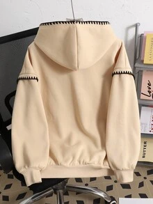 SHEIN 青少年女孩抓絨內裡米色拼接連帽長袖衛衣，羊羔絨秋季上衣，連帽衫，返校季，秋季穿搭，舒適，運動風 - 卡其色 - 查看 2
