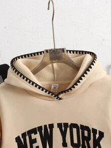 SHEIN 青少年女孩抓絨內裡米色拼接連帽長袖衛衣，羊羔絨秋季上衣，連帽衫，返校季，秋季穿搭，舒適，運動風 - 卡其色 - 查看 6