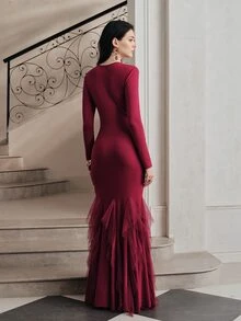 Anewsta Gaun Wanita Elegan Lengan Panjang Warna Maroon dengan Hiasan Rumbai di Bagian Bawah untuk Musim Gugur/Dingin - Merah - View 7