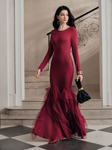 Anewsta Gaun Wanita Elegan Lengan Panjang Warna Maroon dengan Hiasan Rumbai di Bagian Bawah untuk Musim Gugur/Dingin - Merah - View 6