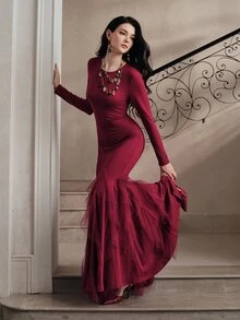 Anewsta Gaun Wanita Elegan Lengan Panjang Warna Maroon dengan Hiasan Rumbai di Bagian Bawah untuk Musim Gugur/Dingin - Merah - View 2