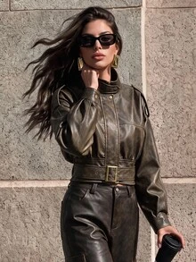Anewsta Women Belted Cropped Faux Leather Jacket With Puff Sleeves - Brown - View 7