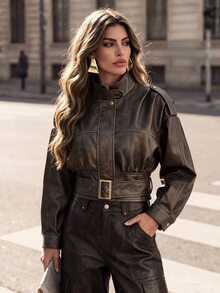 Anewsta Women Belted Cropped Faux Leather Jacket With Puff Sleeves - Brown - View 3