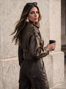 Anewsta Women Belted Cropped Faux Leather Jacket With Puff Sleeves - Brown - View 2