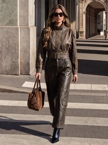 Anewsta Women Belted Cropped Faux Leather Jacket With Puff Sleeves - Brown - View 5
