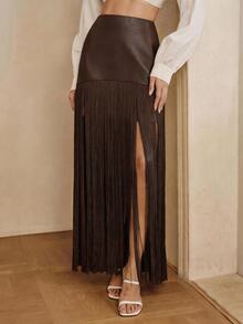 Anewsta Women's New PU Patchwork Tassel Fashion Flowy Versatile Skirt - Coffee Brown - View 6