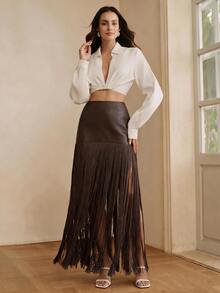 Anewsta Women's New PU Patchwork Tassel Fashion Flowy Versatile Skirt - Coffee Brown - View 7