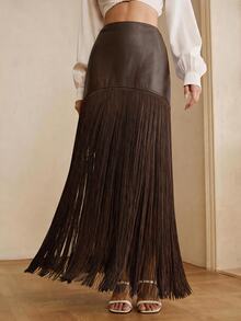 Anewsta Women's New PU Patchwork Tassel Fashion Flowy Versatile Skirt - Coffee Brown - View 3