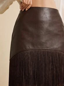Anewsta Women's New PU Patchwork Tassel Fashion Flowy Versatile Skirt - Coffee Brown - View 1