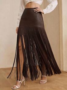Anewsta Women's New PU Patchwork Tassel Fashion Flowy Versatile Skirt - Coffee Brown - View 4