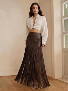 Anewsta Women's New PU Patchwork Tassel Fashion Flowy Versatile Skirt - Coffee Brown - View 5