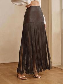 Anewsta Women's New PU Patchwork Tassel Fashion Flowy Versatile Skirt - Coffee Brown - View 8