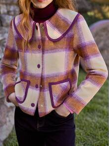 Nöista Checked Jacket With Contrast Collar And Pockets. Fall Winter, Back To School, Casual, Everyday. - Brown - View 7