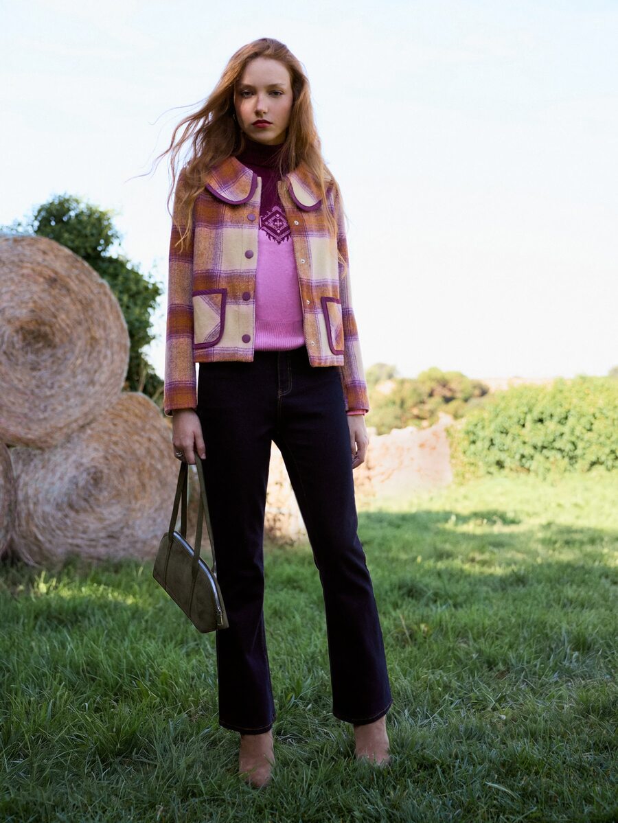 Nöista Checked Jacket With Contrast Collar And Pockets. Fall Winter, Back To School, Casual, Everyday. - Brown - View 1