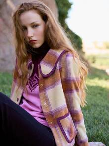 Nöista Checked Jacket With Contrast Collar And Pockets. Fall Winter, Back To School, Casual, Everyday. - Brown - View 2