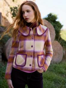 Nöista Checked Jacket With Contrast Collar And Pockets. Fall Winter, Back To School, Casual, Everyday. - Brown - View 3