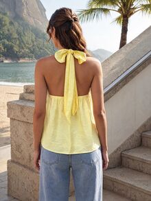 CAJUNI Women's Pleated Casual Versatile Daily Wear Halter Neck Top - Yellow - View 2