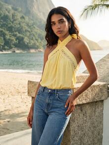 CAJUNI Women's Pleated Casual Versatile Daily Wear Halter Neck Top - Yellow - View 5