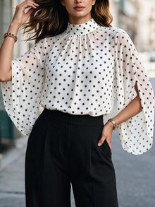 Velvienne Plus Size Women Black & White Polka Dot Print Casual Shirt, Suitable For Daily Commute, Party And Date Occasions Fall - Multicolor - View 7