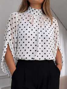 Velvienne Plus Size Women Black & White Polka Dot Print Casual Shirt, Suitable For Daily Commute, Party And Date Occasions Fall - Multicolor - View 6