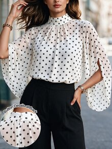Velvienne Plus Size Women Black & White Polka Dot Print Casual Shirt, Suitable For Daily Commute, Party And Date Occasions Fall - Multicolor - View 3