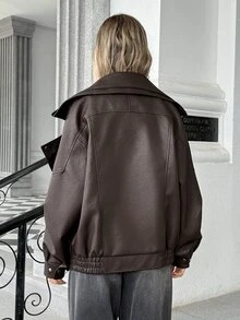 Pariaura Jaket Kulit PU Model Baru, Kerah Ganda, Bisa Dipakai Dua Cara, Jaket Retro Serbaguna untuk Sehari-hari - Coklat - View 2