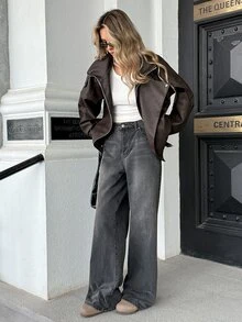 Pariaura Jaket Kulit PU Model Baru, Kerah Ganda, Bisa Dipakai Dua Cara, Jaket Retro Serbaguna untuk Sehari-hari - Coklat - View 3