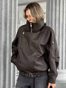 Pariaura Jaket Kulit PU Model Baru, Kerah Ganda, Bisa Dipakai Dua Cara, Jaket Retro Serbaguna untuk Sehari-hari - Coklat - View 4
