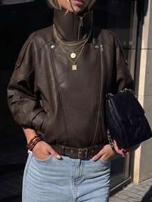 Pariaura Jaket Kulit PU Model Baru, Kerah Ganda, Bisa Dipakai Dua Cara, Jaket Retro Serbaguna untuk Sehari-hari - Coklat - View 1