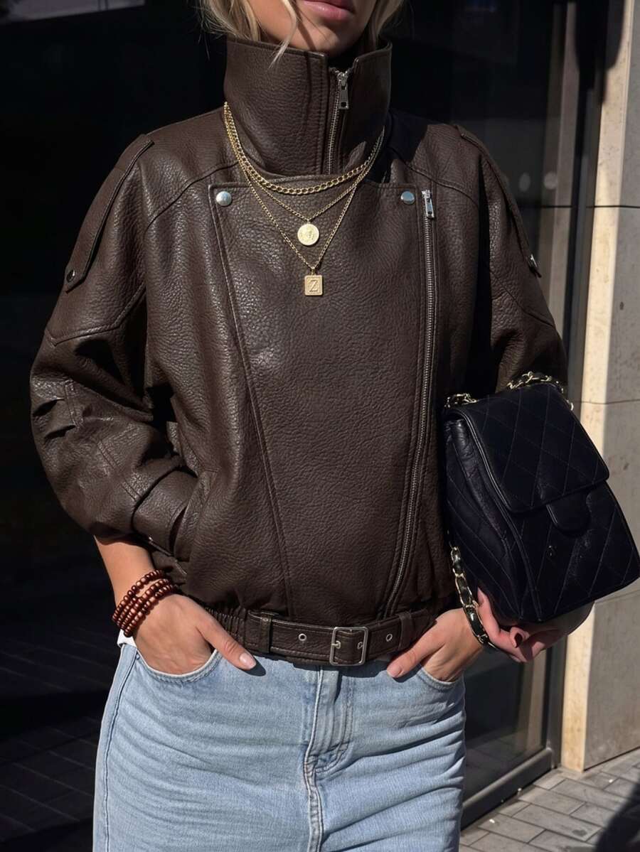 Pariaura Jaket Kulit PU Model Baru, Kerah Ganda, Bisa Dipakai Dua Cara, Jaket Retro Serbaguna untuk Sehari-hari - Coklat - View 1