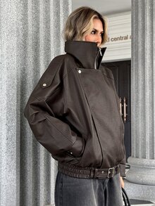Pariaura Jaket Kulit PU Model Baru, Kerah Ganda, Bisa Dipakai Dua Cara, Jaket Retro Serbaguna untuk Sehari-hari - Coklat - View 6