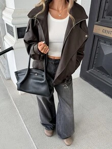 Pariaura Jaket Kulit PU Model Baru, Kerah Ganda, Bisa Dipakai Dua Cara, Jaket Retro Serbaguna untuk Sehari-hari - Coklat - View 5