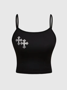 ROMWE Goth 2件套百搭针织弹力十字水钻装饰吊带背心和短裤套装，适合女士 - 黑色 - 查看 5