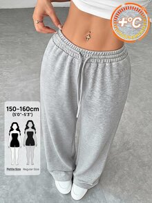 SHEIN PETITE Casual Versatile Loose Solid Color Sweatpants,Fall Pants,Sweatpants,Suitable For Gyms,Grey Pants,Outing Pants,Fall/Winter,Petite - Grey - View 12