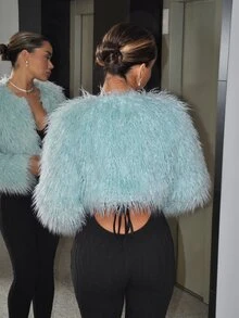 SHEIN ICON Women's Solid Color Long Sleeve Open Front Faux Fur Coat - Mint Blue - View 2