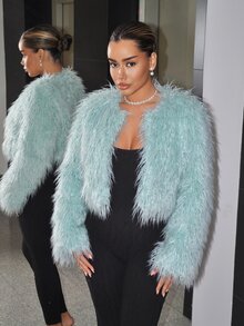 SHEIN ICON Women's Solid Color Long Sleeve Open Front Faux Fur Coat - Mint Blue - View 7