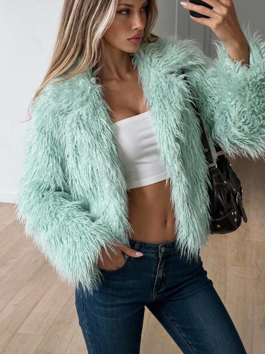 SHEIN ICON Women's Solid Color Long Sleeve Open Front Faux Fur Coat - Mint Blue - View 1