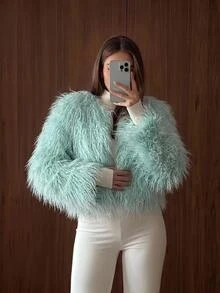SHEIN ICON Women's Solid Color Long Sleeve Open Front Faux Fur Coat - Mint Blue - View 3