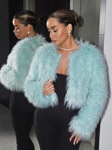 SHEIN ICON Women's Solid Color Long Sleeve Open Front Faux Fur Coat - Mint Blue - View 4