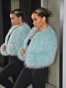 SHEIN ICON Women's Solid Color Long Sleeve Open Front Faux Fur Coat - Mint Blue - View 6