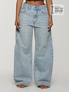 Musera Petite Mid Waist Baggy Fit Light Blue Wash Silver Button Denim Jeans Casual Essentials Everday Core Fall Autumn - Baby Blue - View 1