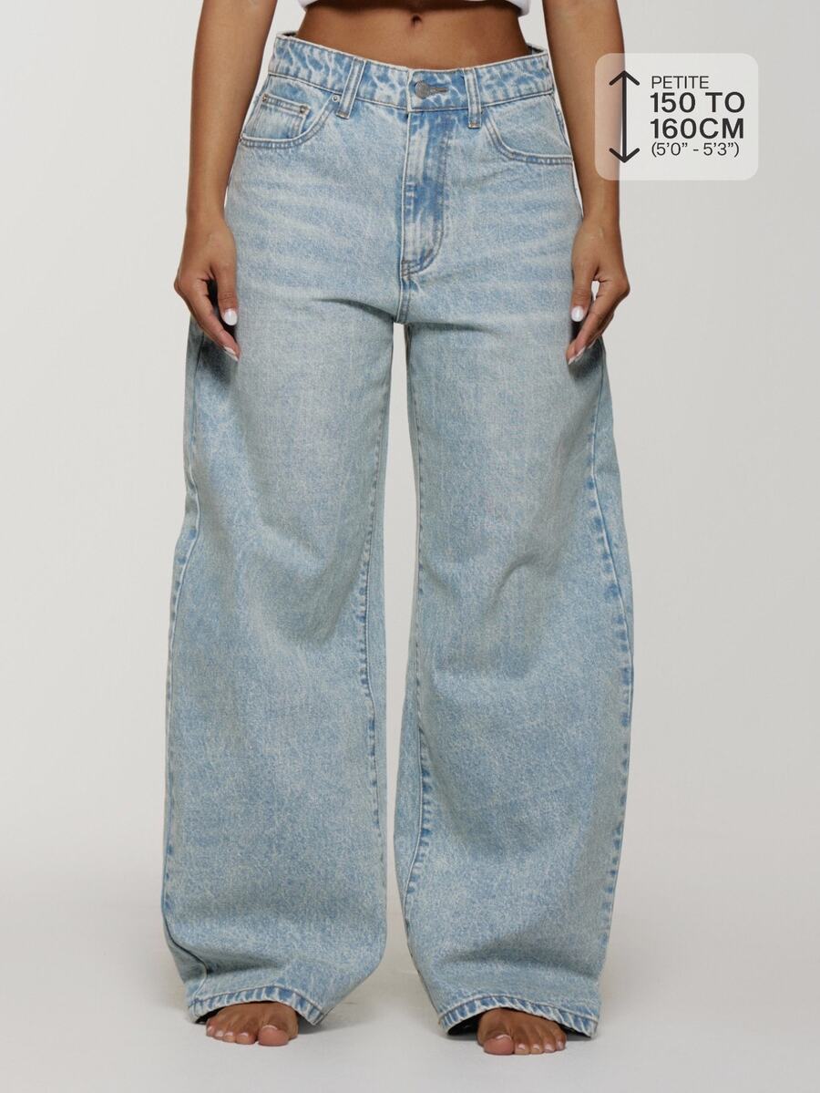 Musera Petite Mid Waist Baggy Fit Light Blue Wash Silver Button Denim Jeans Casual Essentials Everday Core Fall Autumn - Baby Blue - View 1