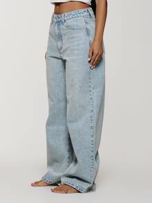 Musera Petite Mid Waist Baggy Fit Light Blue Wash Silver Button Denim Jeans Casual Essentials Everday Core Fall Autumn - Baby Blue - View 2