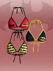 Batman X ROMWE Halter Neck Triangle Cup Bra Lingerie 3pcs - Multicolor - View 1
