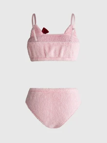 HELLO KITTY AND FRIENDS | ROMWE Set Lingerie Flanel Manis Lucu dan Seru dengan Bordir Telinga 3D, Bralet & Celana Dalam Segitiga - Berwarna merah muda - View 2