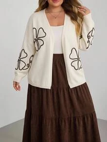 SHEIN CURVE+ Women's Plus Size 3D Floral Decor Cardigan - Apricot - View 3