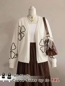 SHEIN CURVE+ Women's Plus Size 3D Floral Decor Cardigan - Apricot - View 6