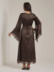 SHEIN Tall Tall-Fit, Modest-Style Brown Satin Dress Featuring Elegant Waist-Cinching Ties And Lace Paneling. - Brown - View 10